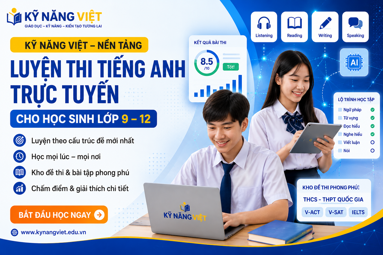 Kỹ Năng Việt – Nền tảng luyện thi tiếng Anh trực tuyến cho học sinh lớp 9–12